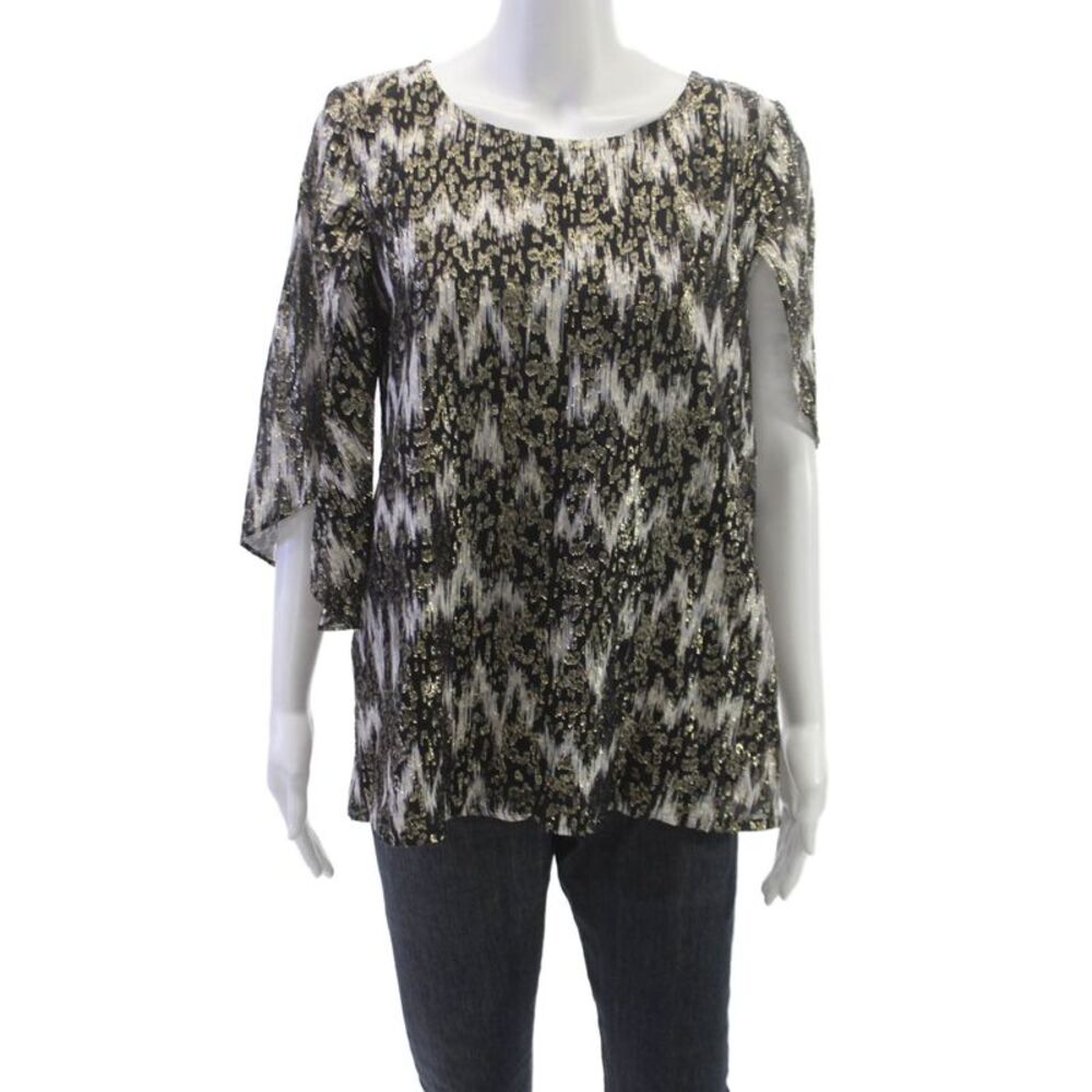 Figue Womens Black Geometric Basic Round Neck 3/4 Sleeve Blouse Size M